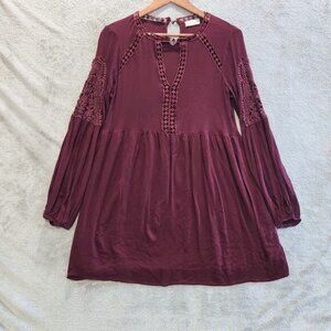 Altar'd State Maroon Babydoll Floral Crochet Long Sleeve Mini Dress Size Medium